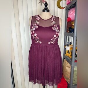 Xhileration Plumb Cocktail Dress with Floral Embroidery